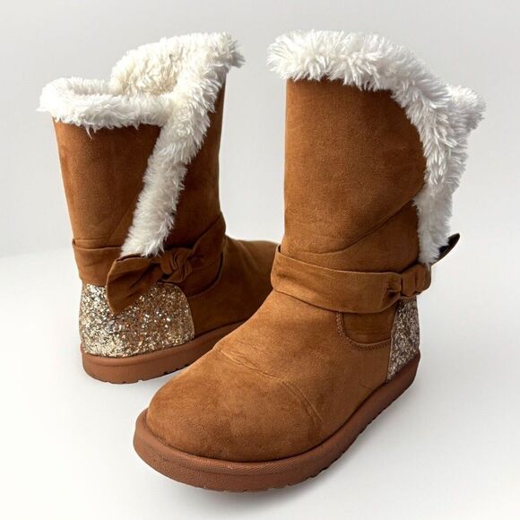 Magellan Outdoors Other - Girls Magellan Brown Faux Suede Fur Sherpa‎ Boots Sparkle Youth 2 Bow Binge EUC